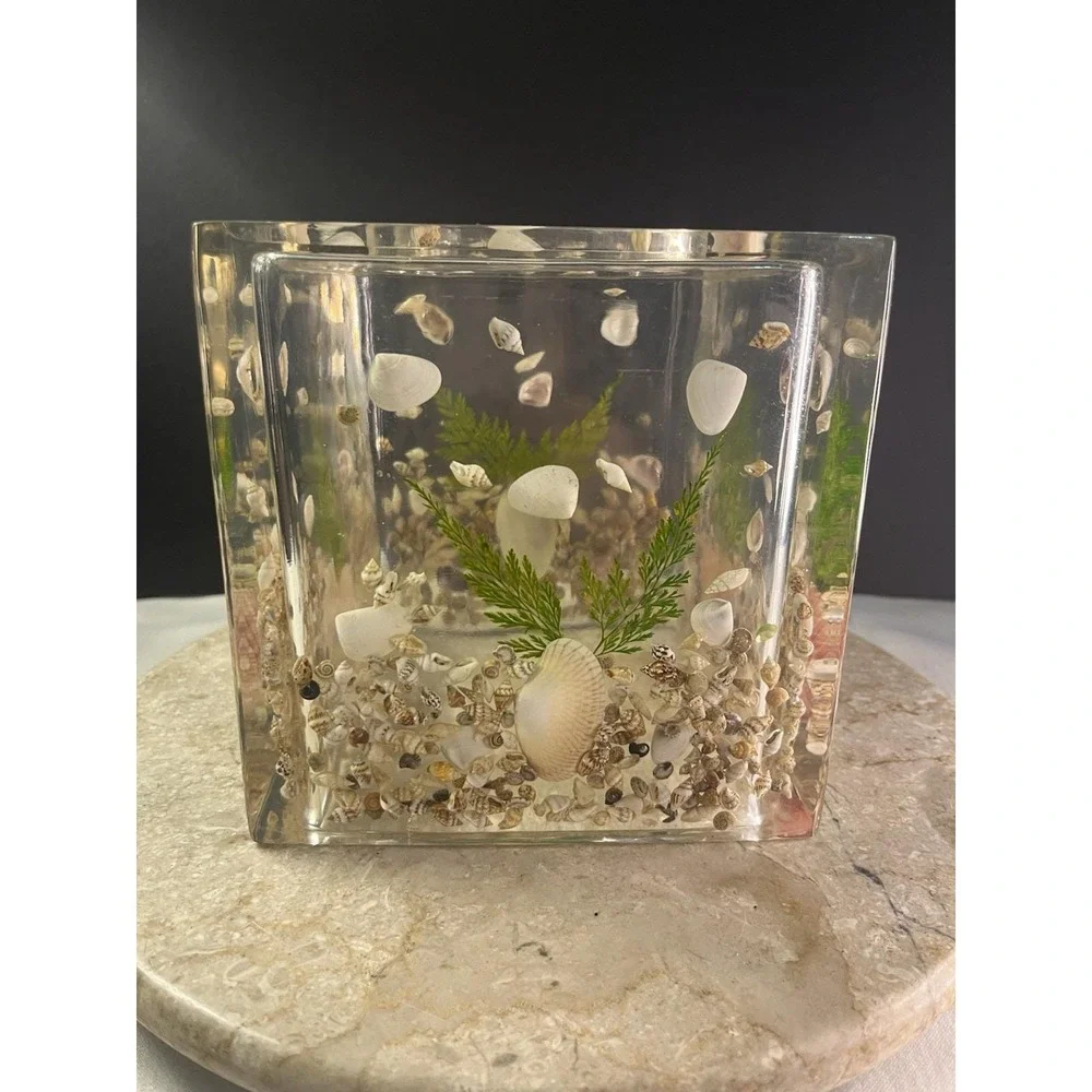 1970's Lucite Acrylic Tissue Box Cover Holder Embedded 6x6Sea Shells Beach Theme